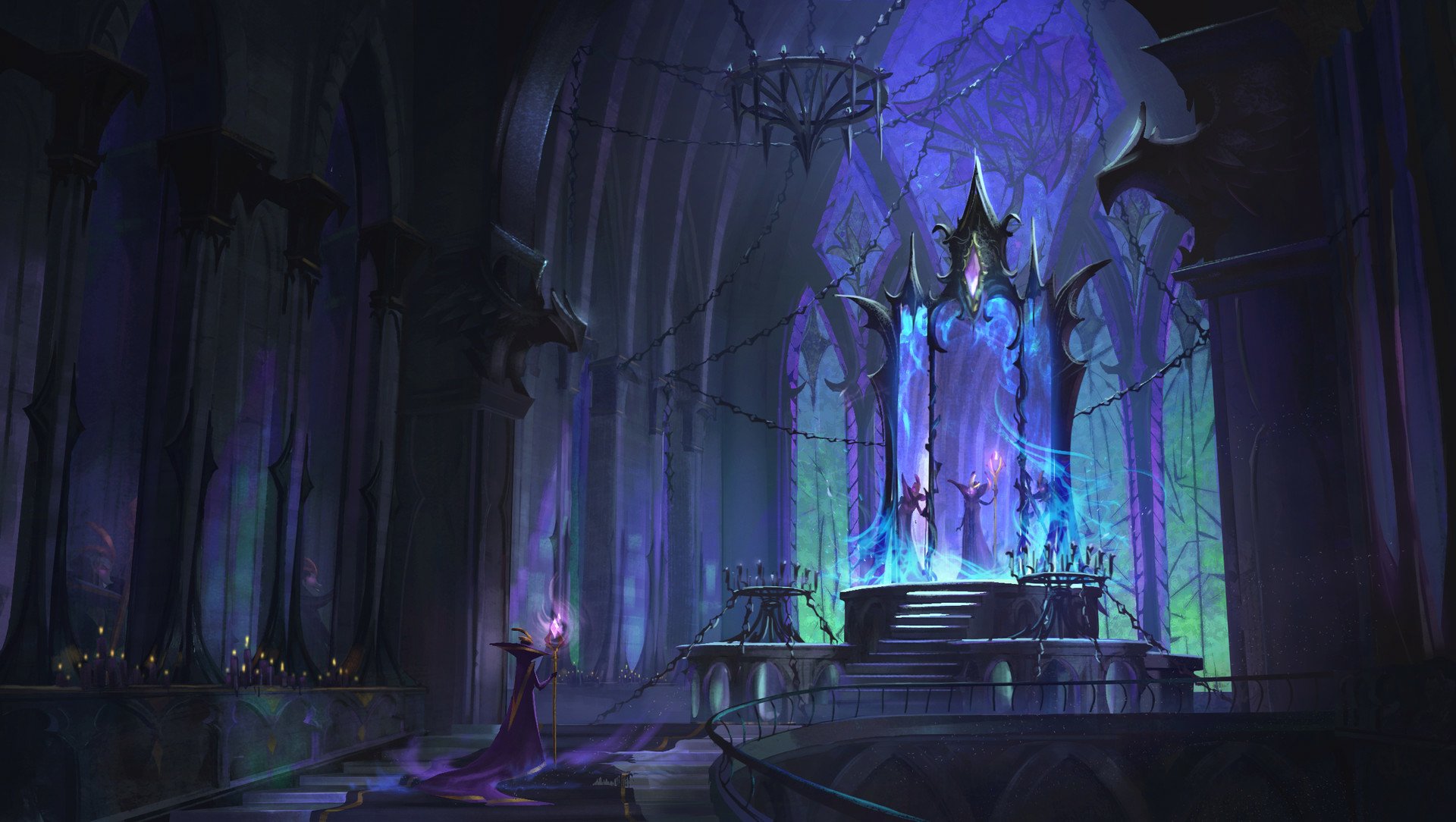 League of Legends video game HD PC desktop wallpaper: a gothic cathedral interior with a luminous blue throne on a raised dais, stained-glass windows and flickering candles.