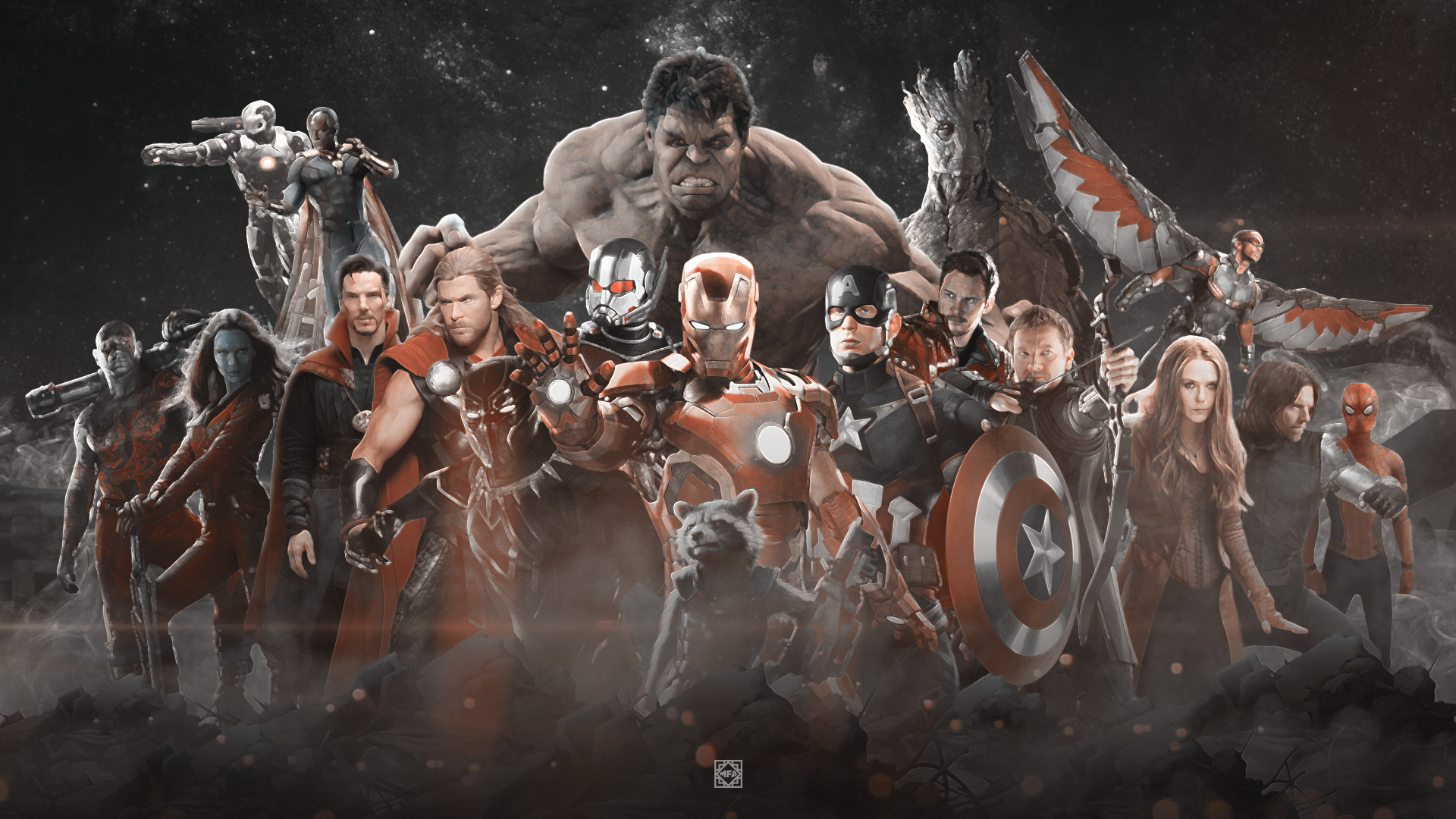 HD desktop wallpaper featuring the Avengers: Infinity War characters, including Iron Man, Captain America, Thor, Hulk, and many others, standing ready for battle in a dynamic and powerful pose.