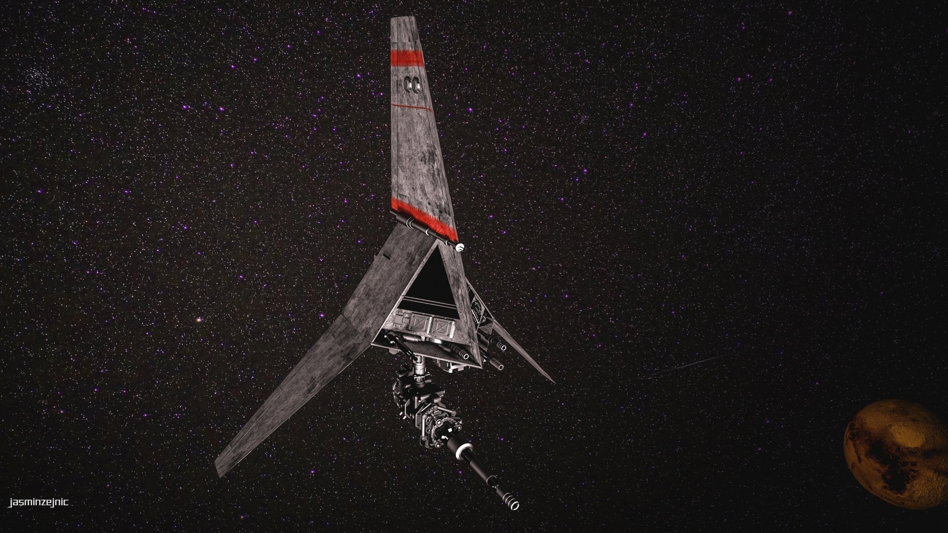 3D CGI rendering of a T-16 Skyhopper robot from Star Wars against a starry space background, featured in 4K Ultra HD as a PC desktop wallpaper.