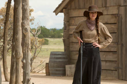 HD desktop wallpaper from Godless featuring a confident woman in vintage Western attire standing beside a wooden cabin.