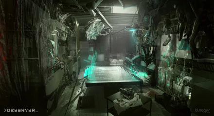 HD desktop wallpaper of a futuristic, cyberpunk interior with ominous green lighting and the word Observer etched on the surface.