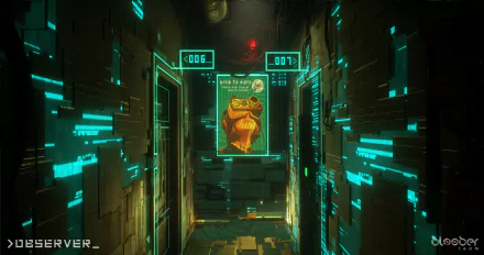 HD wallpaper of a futuristic corridor with neon blue lights and the word OBSERVER for a desktop background.