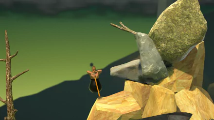 HD desktop wallpaper featuring a character from Getting Over It with Bennett Foddy game, scaling a mountain of rocks with a hammer.