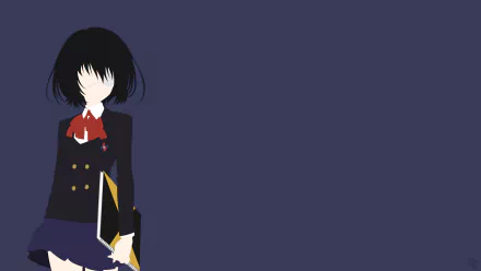 Minimalist 4K Ultra HD anime wallpaper featuring Mei Misaki from Another, with short black hair, an eye patch, a bow, and a skirt against a dark blue background.