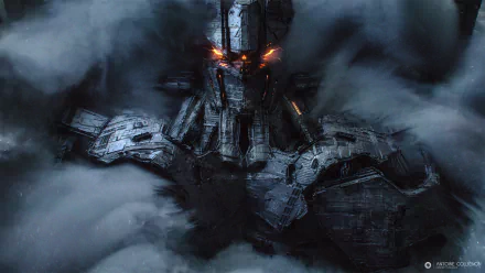 HD Sci-Fi desktop wallpaper featuring a menacing robot emerging from the mist, its eyes glowing orange against a dark, atmospheric background.