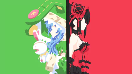 HD wallpaper featuring minimalist renditions of Kurumi Tokisaki and Yoshino from the anime Date A Live on a split green and red background.