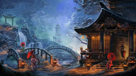 An anime-inspired HD wallpaper depicting a snowy nighttime scene with figures showing animal ears and tails, holding umbrellas on an oriental bridge near a traditional building.
