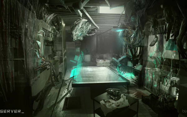 HD desktop wallpaper of a futuristic, cyberpunk interior with ominous green lighting and the word Observer etched on the surface.
