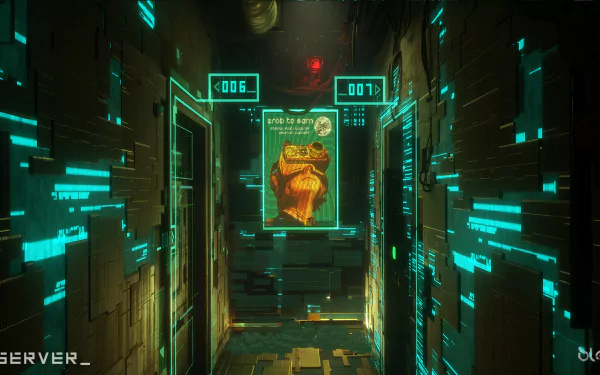 HD wallpaper of a futuristic corridor with neon blue lights and the word OBSERVER for a desktop background.
