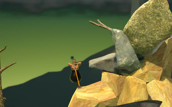 HD desktop wallpaper featuring a character from Getting Over It with Bennett Foddy game, scaling a mountain of rocks with a hammer.
