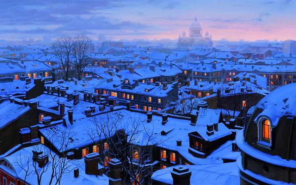 An HD wallpaper of Saint Petersburg at night in winter, featuring snow-covered rooftops and warm lights from houses under a twilight sky.
