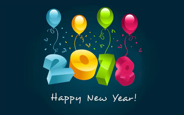 HD PC desktop wallpaper for New Year 2018 holiday featuring colorful 3D numbers with balloons and confetti, and Happy New Year! text on a dark background.