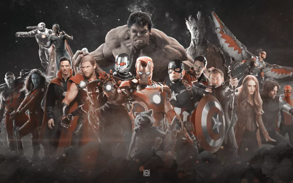 HD desktop wallpaper featuring the Avengers: Infinity War characters, including Iron Man, Captain America, Thor, Hulk, and many others, standing ready for battle in a dynamic and powerful pose.