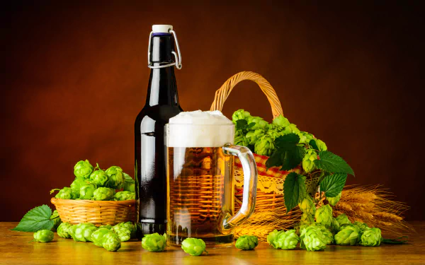 basket hop bottle glass drink alcohol beer photography still life HD Desktop Wallpaper | Background Image