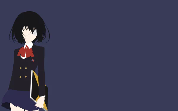 Minimalist 4K Ultra HD anime wallpaper featuring Mei Misaki from Another, with short black hair, an eye patch, a bow, and a skirt against a dark blue background.