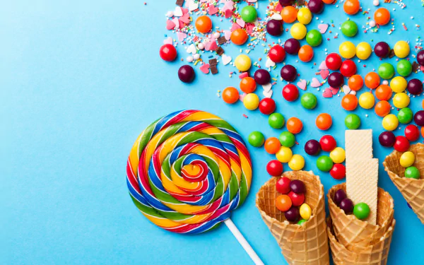 2K Quad HD desktop wallpaper showing a rainbow swirled lollipop, scattered colorful round candies and waffle cones filled with sweet food on a bright blue background.