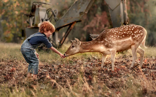 A little boy gently feeding a deer in a natural setting, captured in high-definition photography as a serene PC desktop wallpaper and background.