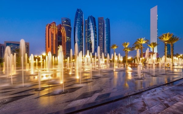 Man Made Abu Dhabi Cities United Arab Emirates Fountain Skyscraper Building Night HD Wallpaper | Background Image