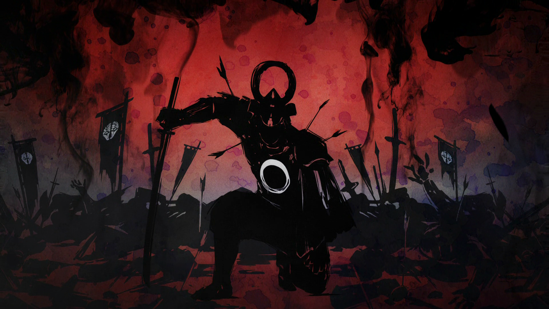 HD PC desktop wallpaper featuring a dark, red-hued samurai silhouette from the video game Nioh, set against a battlefield with flags and scattered weapons.