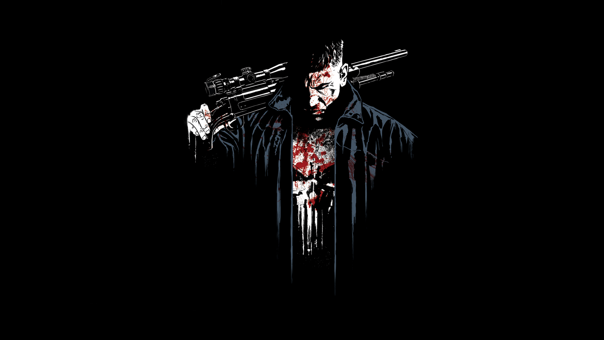 HD PC wallpaper featuring a stylized image of Jon Bernthal as the Punisher, holding a sniper rifle against a dark background.