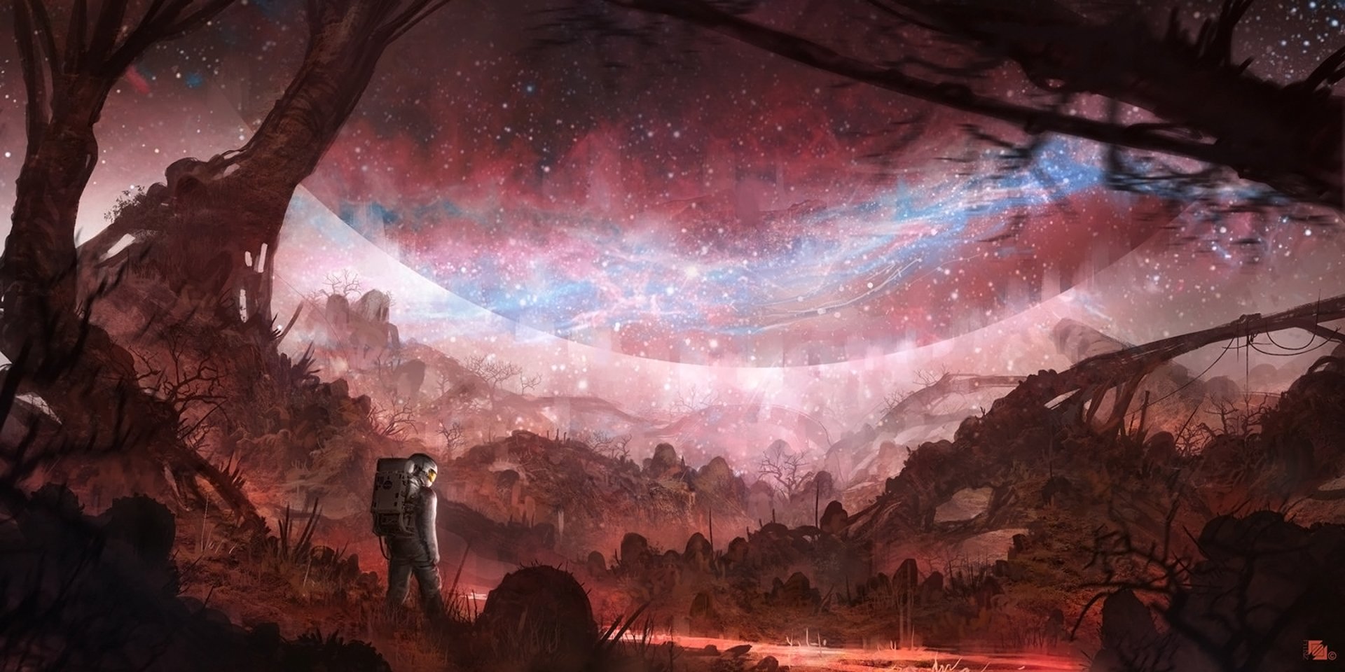 HD sci-fi desktop wallpaper featuring an astronaut standing on an alien landscape under a vibrant, star-filled sky with colorful cosmic clouds.