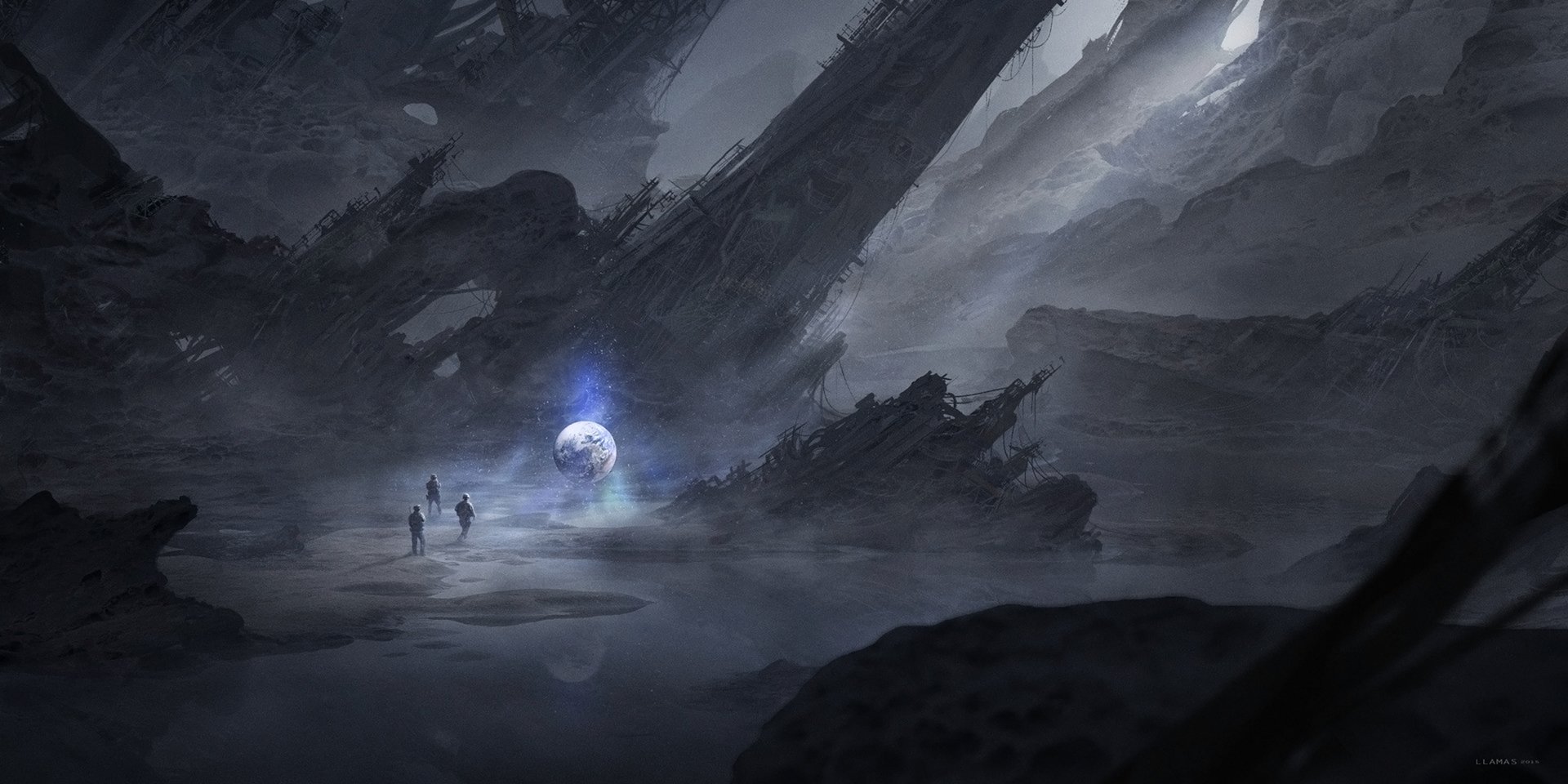 HD PC desktop wallpaper showcasing a sci-fi landscape with towering jagged structures, two figures, and a glowing orb emitting blue light in a dark, misty environment.