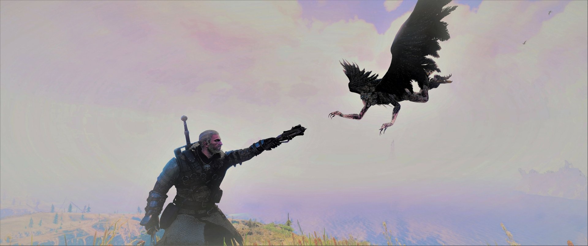 HD fantasy wallpaper from the video game The Witcher 3: Wild Hunt, depicting Geralt aiming his sword at a flying monster against a pastel sky background.
