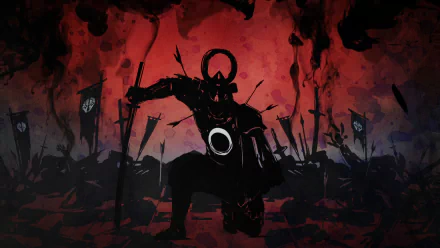 HD PC desktop wallpaper featuring a dark, red-hued samurai silhouette from the video game Nioh, set against a battlefield with flags and scattered weapons.