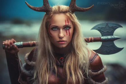 A woman in detailed Viking cosplay, gripping a double-headed axe, with intense gaze, horns, and striking makeup, set against a moody outdoor backdrop, serves as a striking HD desktop wallpaper.