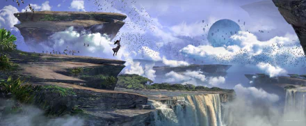 HD anime desktop wallpaper featuring a breathtaking original artwork of a floating island landscape, with a lone figure reaching for the sky amidst flocking birds, and a giant planet in the background.