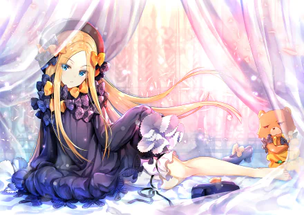 HD anime wallpaper featuring Abigail Williams from Fate/Grand Order in a detailed, elegant dark dress with a soft, pastel-lit background and a small fox-like creature.