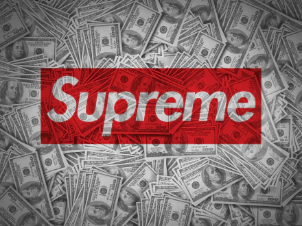 HD wallpaper featuring the Supreme brand logo in red over a background of scattered US dollar bills.
