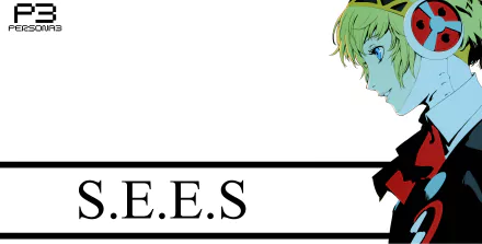 Aigis from Persona 3, featured in an 8K Ultra HD PC desktop wallpaper with a clean white background and S.E.E.S logo.