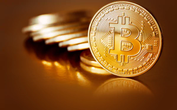 HD wallpaper of a shiny Bitcoin in the foreground with a stack of Bitcoins blurred in the background, symbolizing cryptocurrency.