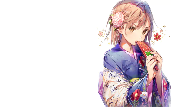 A HD desktop wallpaper featuring Mikoto Misaka from the anime A Certain Scientific Railgun, adorned in a vibrant kimono with flowers in her hair, enjoying a traditional Japanese treat.
