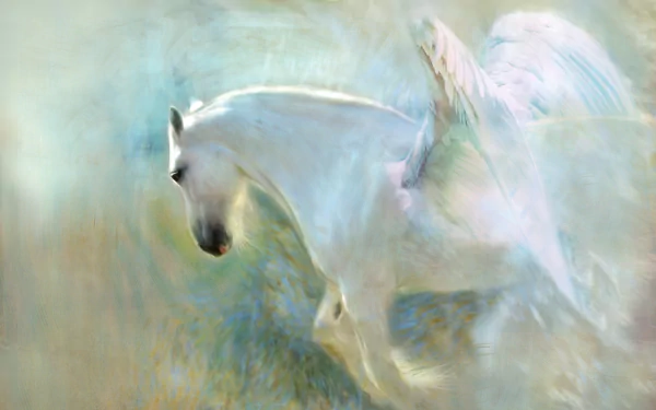 A dreamy HD wallpaper featuring a white Pegasus with ethereal wings, set against a soft, blurred, fantasy-like background.