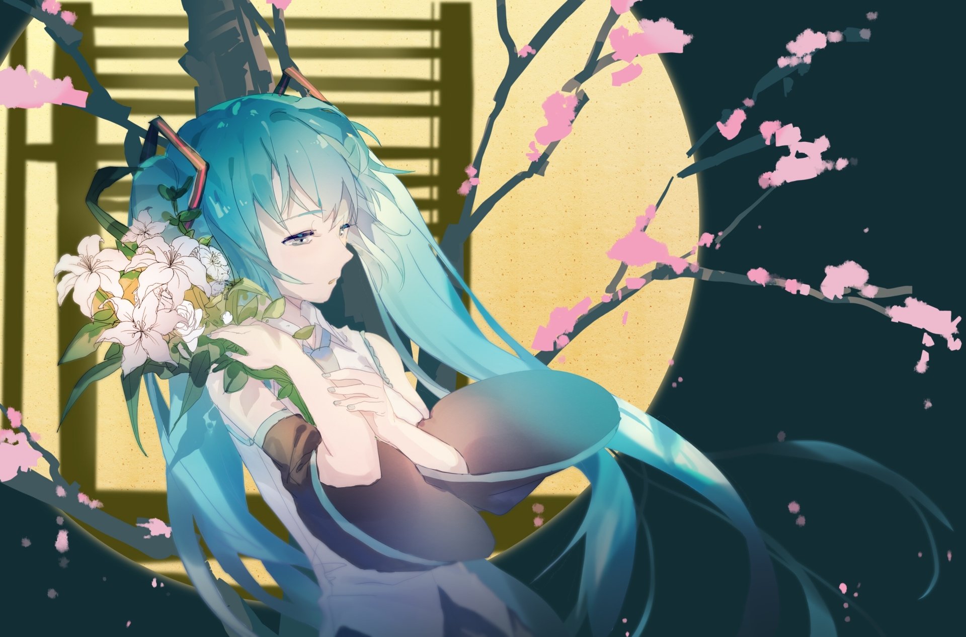 HD anime desktop wallpaper featuring Hatsune Miku, the iconic Vocaloid, with teal twin-tails, holding white lilies against a backdrop of cherry blossoms and a glowing circular window.