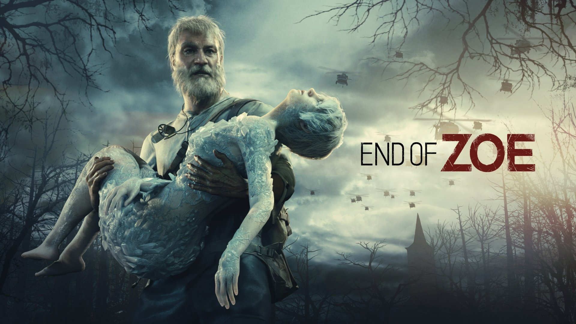 4K Ultra HD desktop wallpaper from Resident Evil 7: Biohazard featuring a bearded man holding an unconscious woman, with the title End of Zoe against a dark, eerie background.