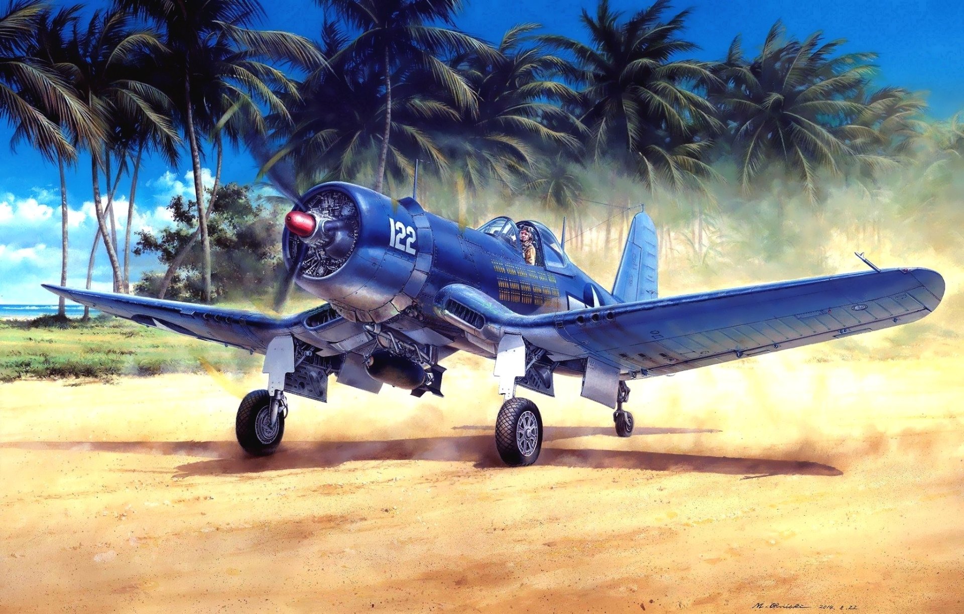 HD desktop wallpaper of a Vought F4U Corsair warplane taxiing on a tropical airstrip with palm trees and blue sky in the background.