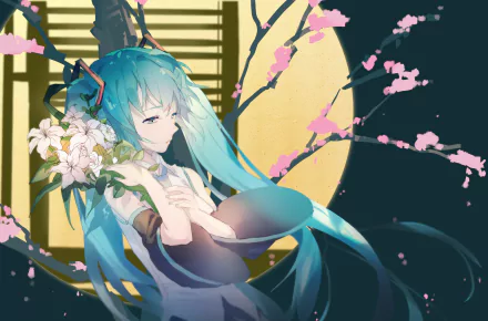 HD anime desktop wallpaper featuring Hatsune Miku, the iconic Vocaloid, with teal twin-tails, holding white lilies against a backdrop of cherry blossoms and a glowing circular window.