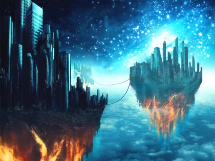 HD wallpaper and background depicting a futuristic sci-fi cityscape with two floating cities connected by a bridge under a star-lit sky.