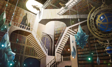 Anime Original HD PC desktop wallpaper and background: sprawling magical library with winding staircases, floating blue crystals, arched bookshelves and a large celestial globe.