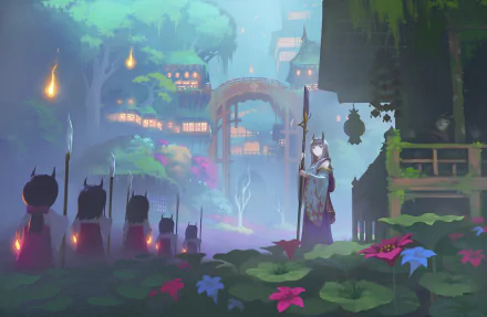 Anime-style HD desktop wallpaper featuring a mystical forest setting with a towering, greenery-covered building and a character overlooking lantern-lit paths.