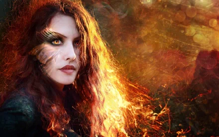 A high-definition desktop wallpaper of a woman with artistic makeup and long, flowing hair, set against a richly colored, fiery background. The image is tagged with manipulation, makeup, model, and artistic.