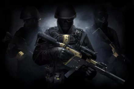 HD desktop wallpaper featuring three armed operatives from the video game Tom Clancy's Rainbow Six: Siege, depicted in a dark, dramatic setting with tactical gear and weapons.