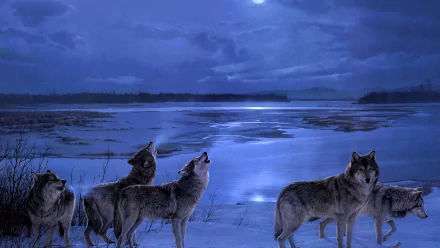 HD wallpaper depicting wolves howling beside a frozen lake under a moonlit winter night sky.