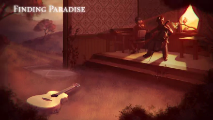 HD wallpaper from the game Finding Paradise featuring characters by a lamp-lit window, guitar on the floor, and a serene backdrop.