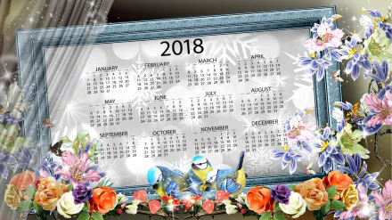 HD desktop wallpaper featuring a 2018 calendar framed with snowflakes, sparkles, colorful flowers, and two birds in a bright, decorative design.