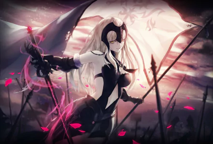 HD desktop wallpaper featuring Jeanne d'Arc from Fate Series and Fate/Grand Order. The anime-style art showcases her in a dynamic, battle-ready pose with a dramatic background and vivid colors.