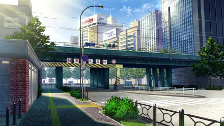 HD anime original artwork depicting a bright city street with a green overpass, modern buildings, and lush greenery, designed as a PC desktop wallpaper background.